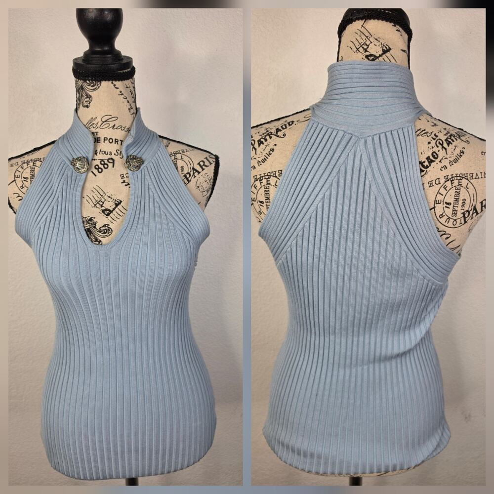 Cache Top SZ M Silk Blend Button Embellished Ribbed Knit V-neck Retro 90's y2k